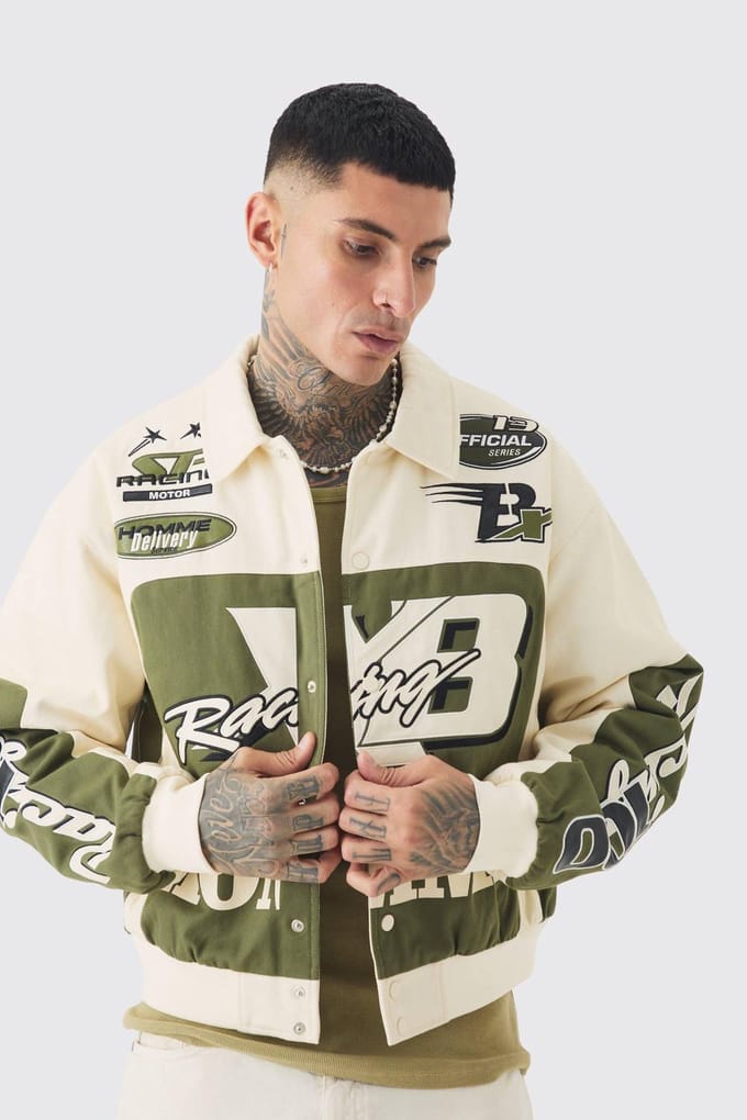 Tall Boxy Twill Homme Moto Jacket | Sage | Size Medium