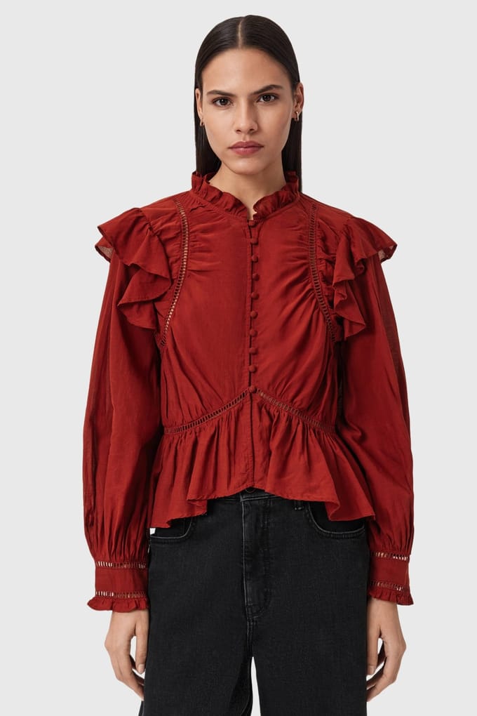 AllSaints Lima Top Paprika Red Größe: 2 | Longsleeves Outlet | Damen | Rot
