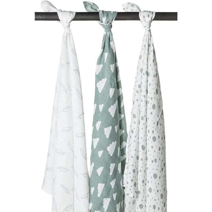 Meyco Baby Clouds/Dots/Feathers swaddle - 3-pack - hydrofiel - stone green - 120x120cm