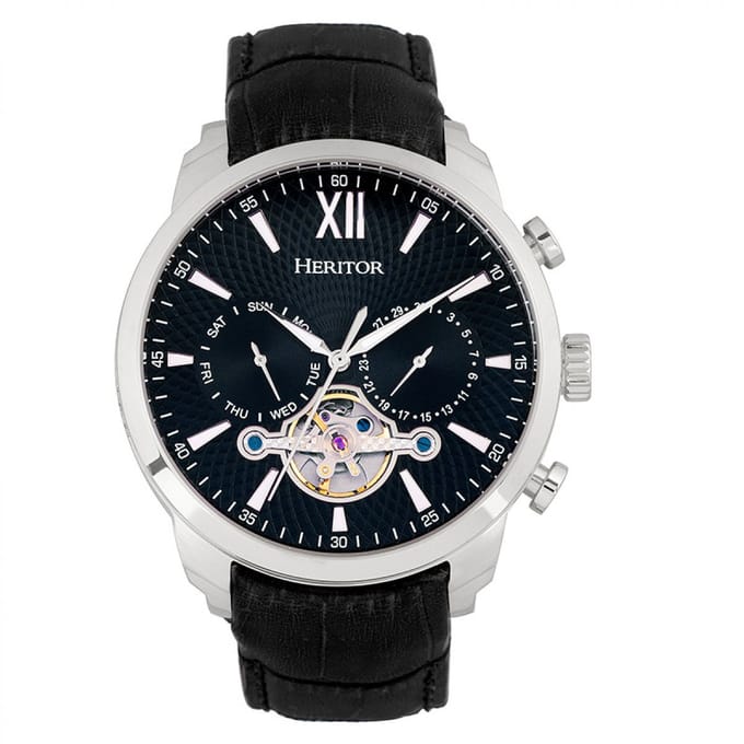 Heritor Automatic Arthur Semi-Skeleton leren band horloge met dag/datum - zilver/zwart
