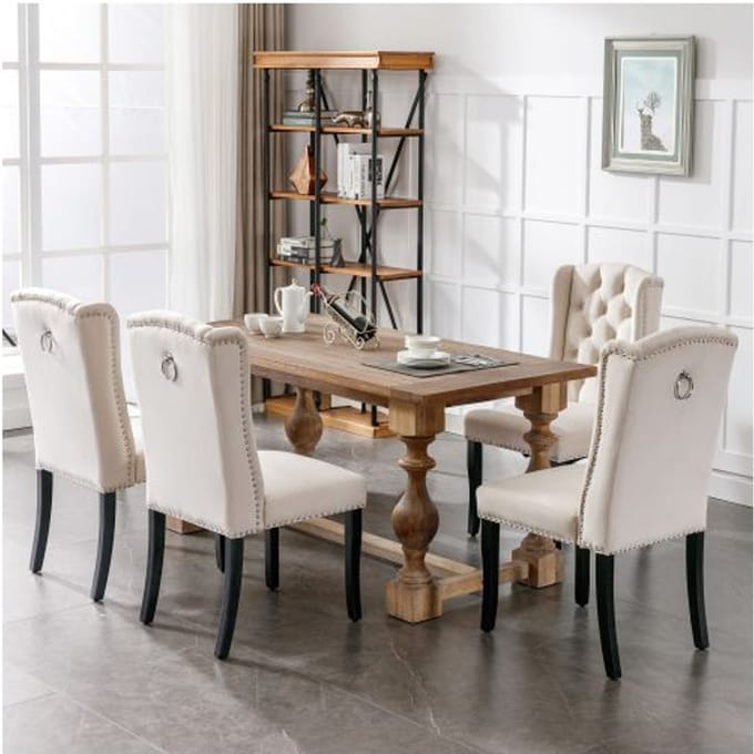 Chaise de salle à manger - MUVOE - Design moderne - Velours beige - Pieds chêne massif - Lot de 4 beige