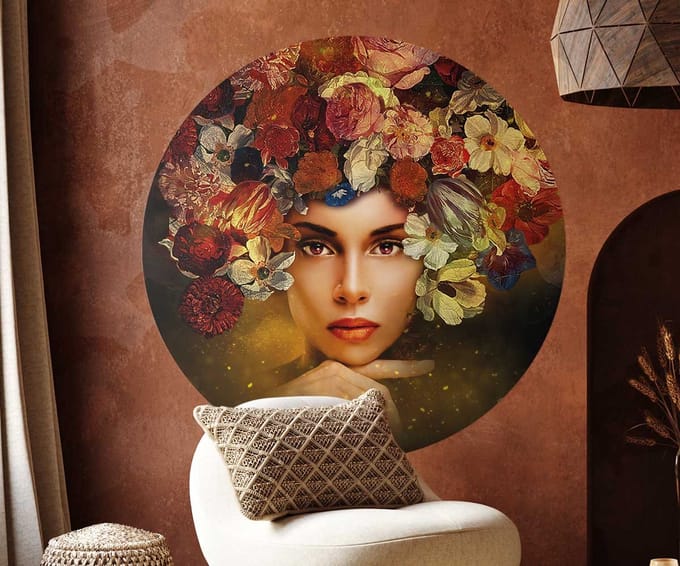 Behangcirkel 60cm Still life flower woman - Wallz