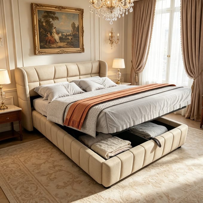 Bedframe - Gestoffeerd Opbergbed 140x200 Met Hydraulisch Systeem Beige