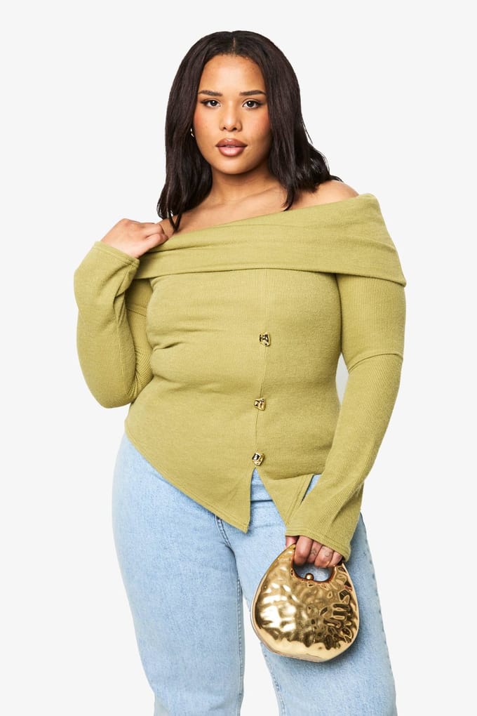 boohoo Dames PLUS GEBOREN BARDOT TOP MET GOLVEN VAN Goud EN SPLIT AVERAGE | Olijf | Maat: 56