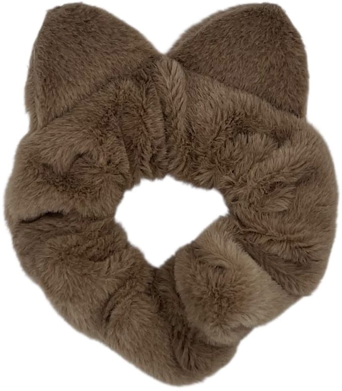 Scrunchie - elastiek - zachte furry stof - met oortjes - bruin