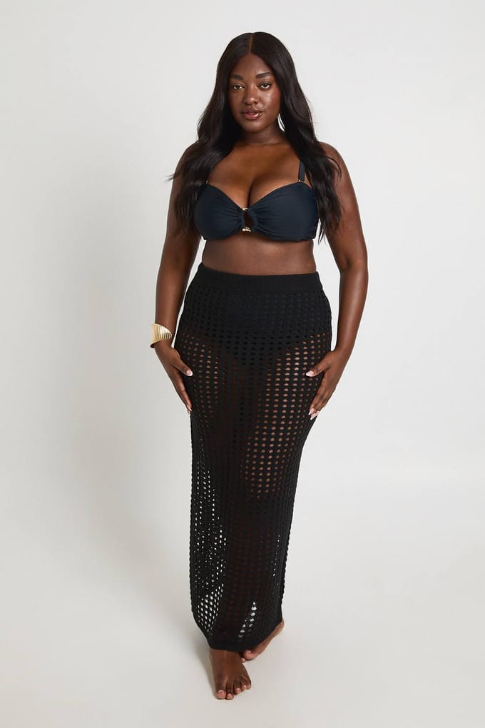 boohoo Dames Plus Gehaakte Gebreide Maxi Rok | Zwart | Maat: 44