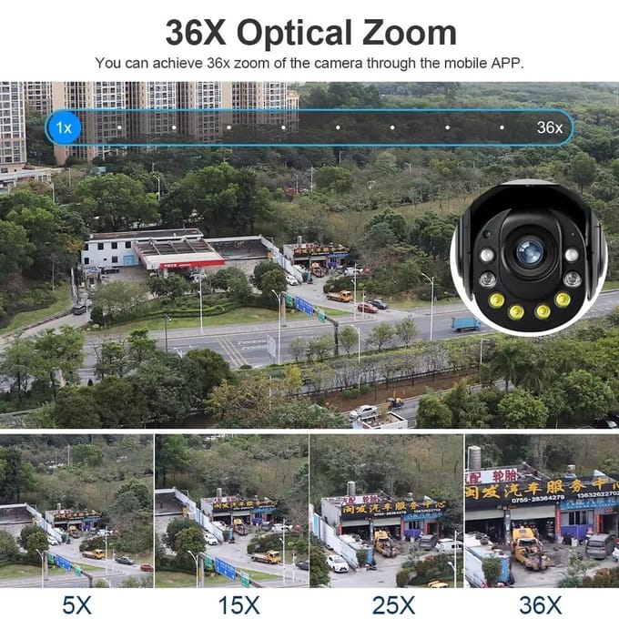 Caméra de surveillance extérieure PTZ 6MP avec zoom optique 36X et double objectif, détection humanoïde, vision nocturne couleur, application iCSee WiFi Camera