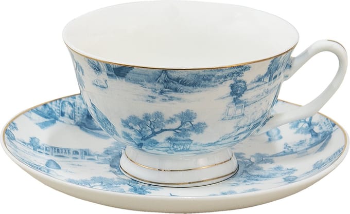 Clayre & Eef Kop en Schotel 250 ml Blauw Wit Porselein