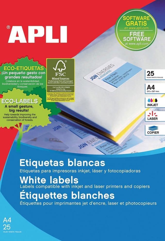 Stickers/etiketten Apli 25,4 x 10 mm Wit A4 25 Lakens
