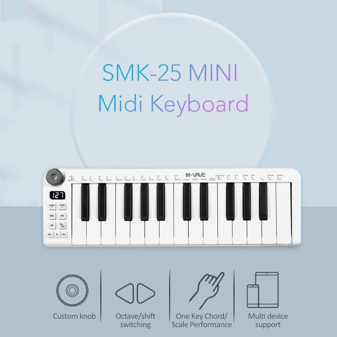M-VAVE SMK-25mini MIDI-toetsenbord Oplaadbaar 25-toetsen MIDI-controletoetsenbord Mini draagbare USB wit