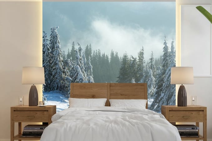 Behang - Fotobehang Bos - Sneeuw - Winter - Breedte 220 cm x hoogte 220 cm