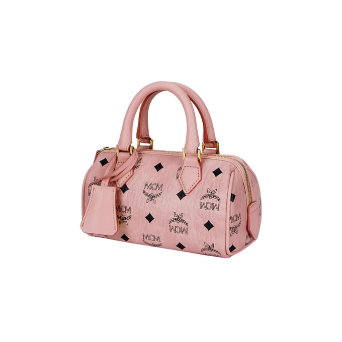 MCM Ella Monogram Gecoat Canvas en Leer Boston Tas Mini Dames handtassen Roze MWBESEA01PZ001 Basic Set (Bag+Dust Bag) beige