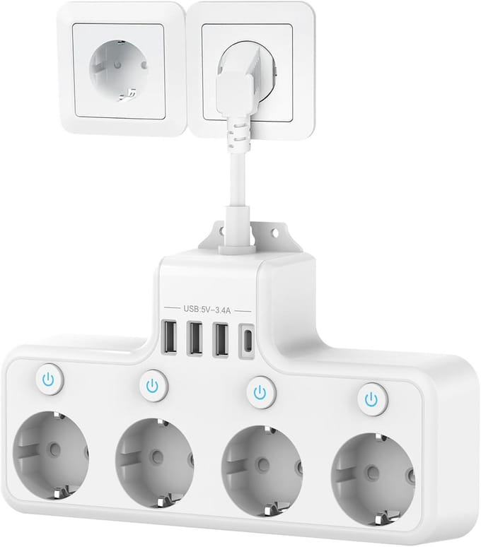 Verdeeldoos met USB C (PD 20W), 3 USB-A en 4 Onafhankelijke Stopcontacten - Kindveilig, Wit