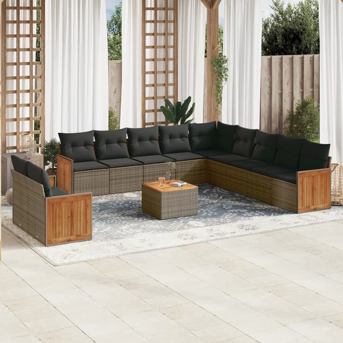 vidaXL - 12-delige - Loungeset - met - kussens - poly - rattan - grijs