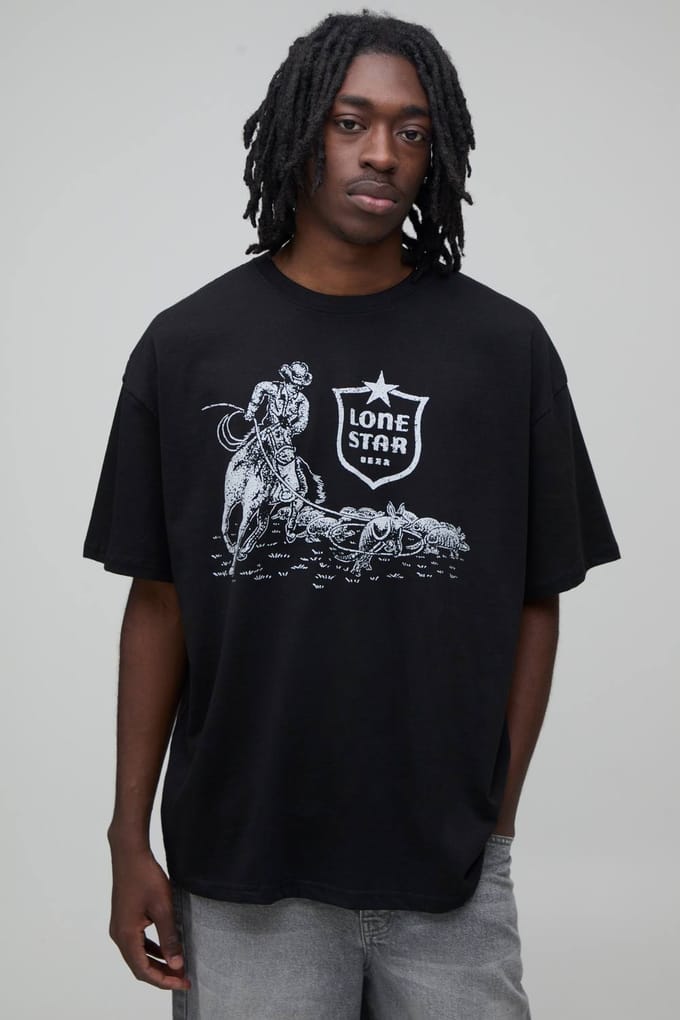 Oversized T-shirt Met Lone Star Beer Cowboy Licentie Print | Black | Size Medium
