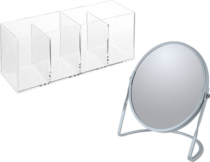 Spirella Make-up organizer en spiegel set - 4 vakjes - plastic/metaal - 5x zoom spiegel - blauw/transparant