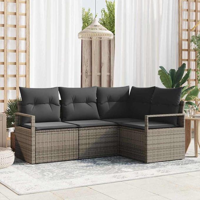 vidaXL Bankstel met kussen met opslag 4 pcs Grijs poly rattan