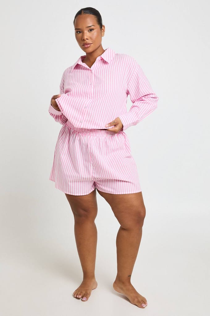 boohoo Dames Plus Katoenen Pyjamashort Met Krijtstreep | Roze | Maat: 52