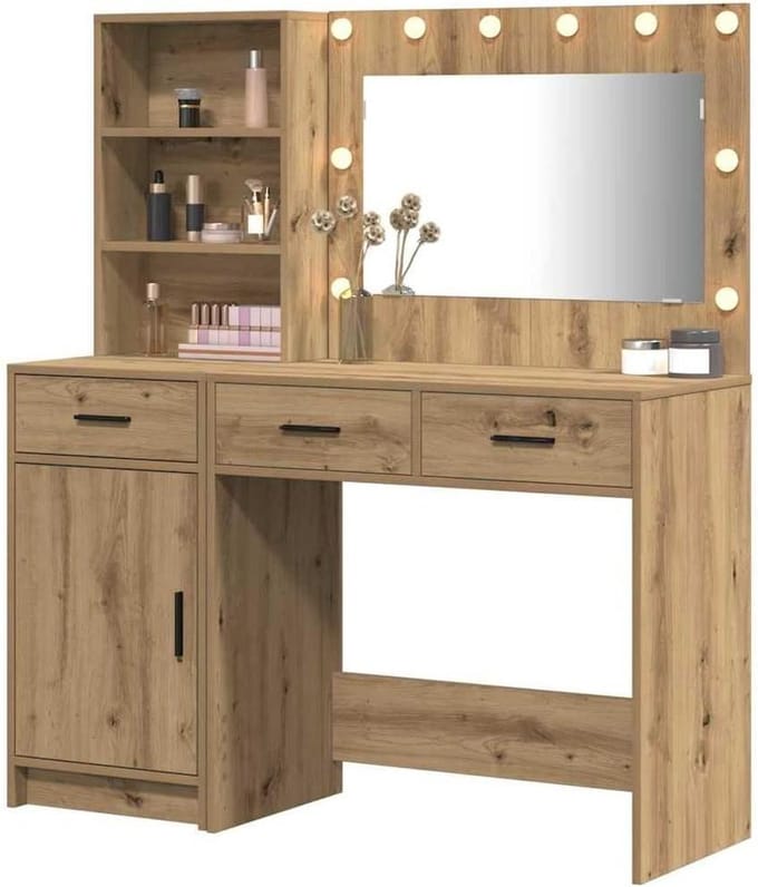 Kaptafel met spiegel - Make-up tafel - Schoonheidsroutine - Geïntegreerde LED-verlichting - 78.5 x 41 x 135 cm - Bruin
