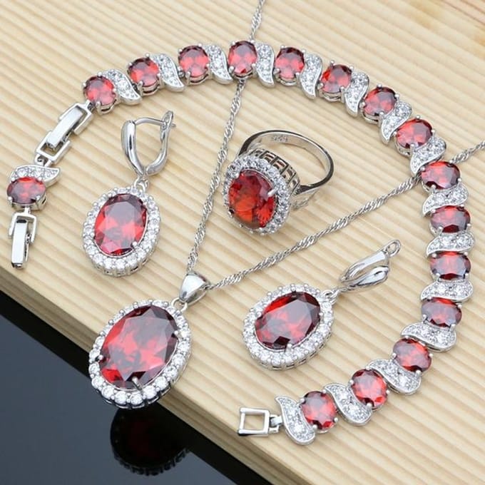 Paarse Edelsteen Amethist Sieraden Kit Oorbellen Ring Accessoires Dames Bruiloft Apen Ketting Kit 10 rood