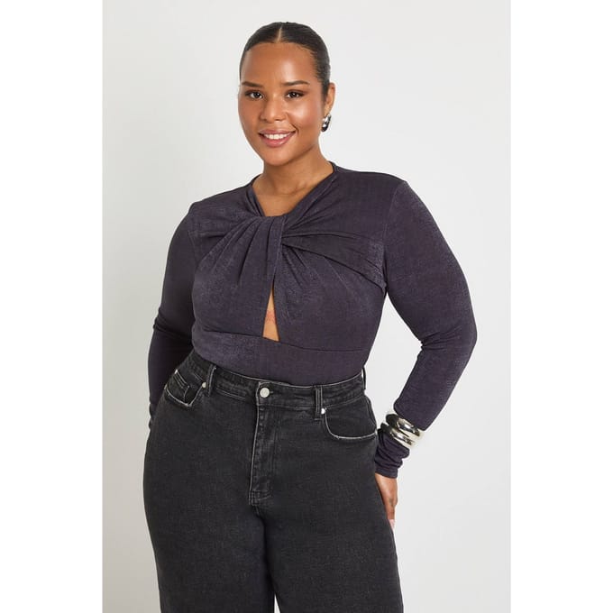 boohoo Dames Plus Twist Detail Bodysuit | Charcoal | Maat: 18