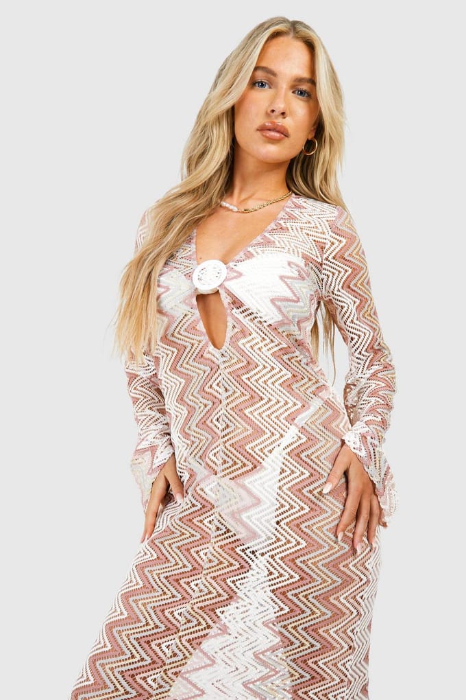 boohoo Dames Zig Zag Knit O-ring Beach Maxi Jurk | Wit | Maat: Medium