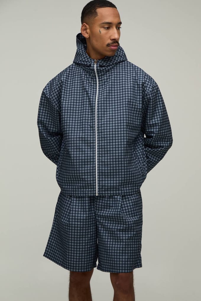 Geruit Windbreaker Set Met Col En Wijde Korte Broek | Navy | Size Medium