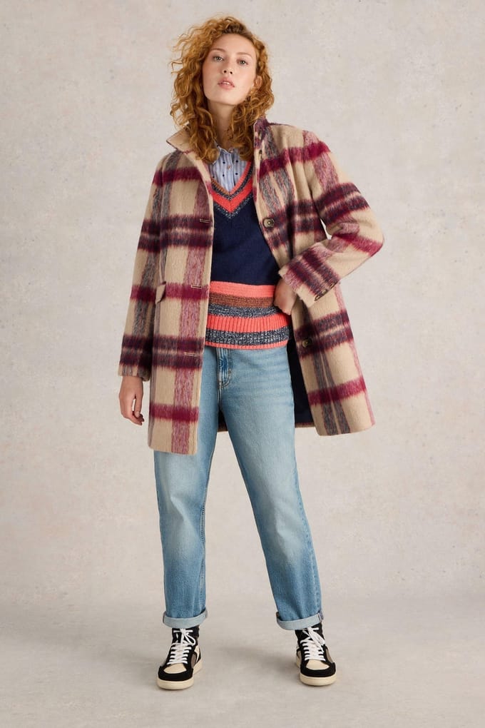 White Stuff Karla Check Coat Plum Multi Taglia: 6 REGULAR | Cappotti monopetto Outlet | Donna | Magenta