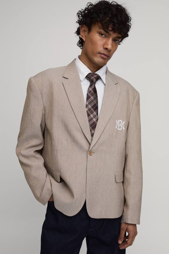 Herringbone Embroidered Oversized Blazer | Taupe | Size 48