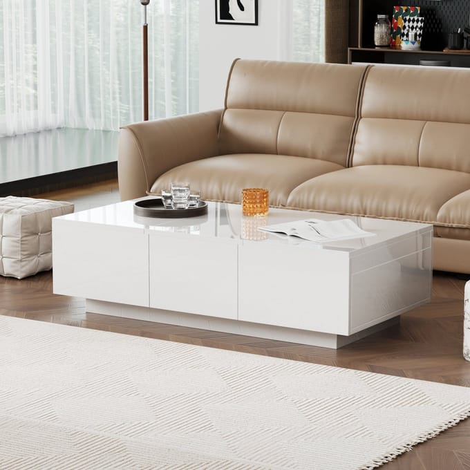 Sweiko Salontafel, Hoogglans Woonkamer tafel met schuifstructuur, Dubbelzijdige laden, Wit