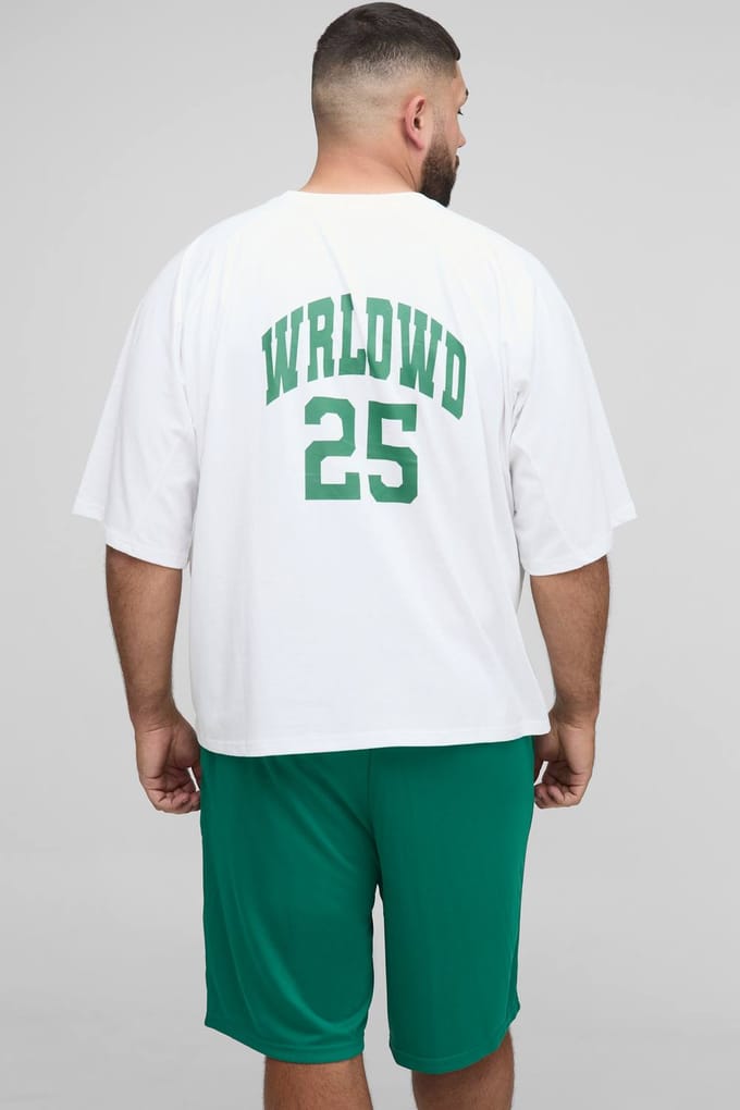 Plus Oversized Boxy Worldwide Panel Print T-Shirt & Basketball Short Set | White | Size 3XL