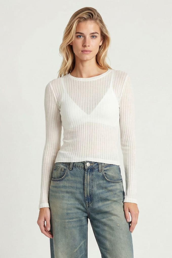 Geribde Crew Neck Lange Mouw Korte Top