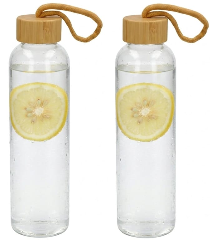 Gerimport Waterfles / drinkfles - 2x - glas - transparant - met houten dop - 600 ml - D7 cm