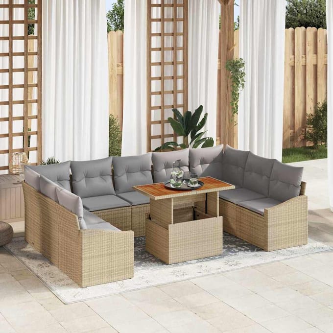 vidaXL Tuin Eettafel Set met kussen 10 pcs Beige en Grijs