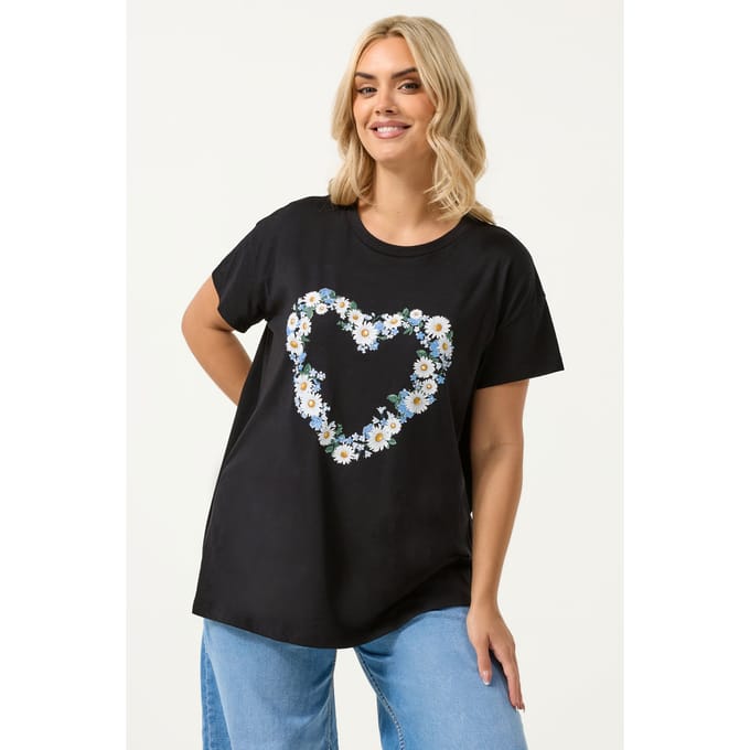 Yours Zwart Tshirt Met Madeliefjeshart Size 42