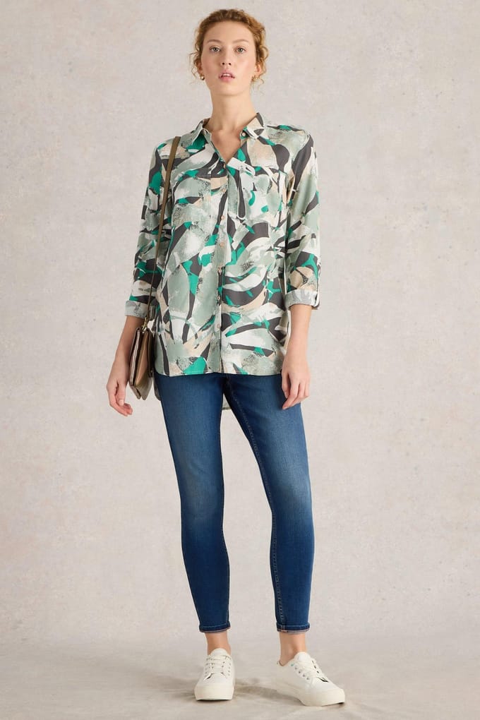 White Stuff Sophie Longline Cotton Shirt Grey Multi Größe: 8 REGULAR | Business hemden Outlet | Damen | Grau