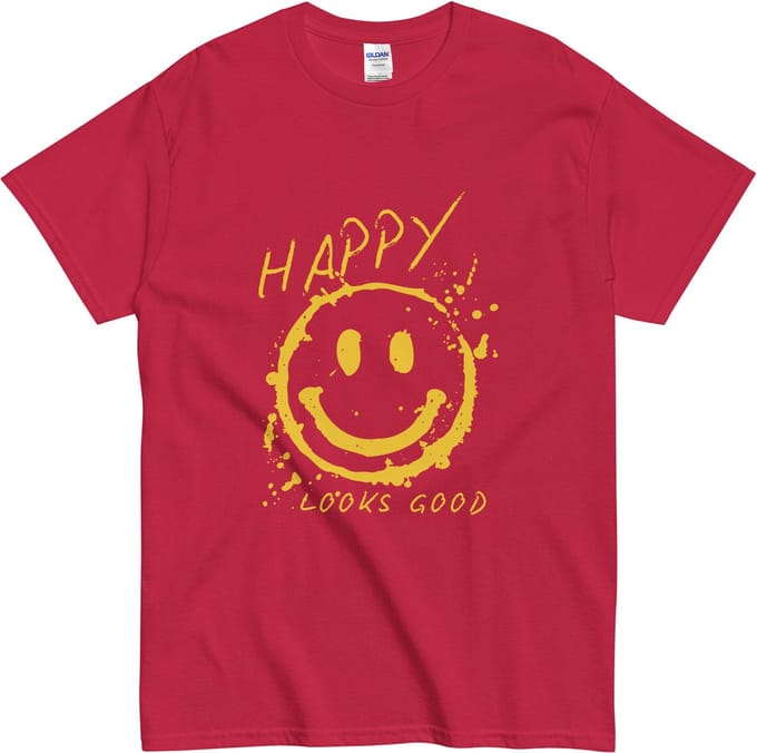 Vrolijk Dames en Heren Tshirt - Positieve Smile Print - Happy Looks Good - Rood - S