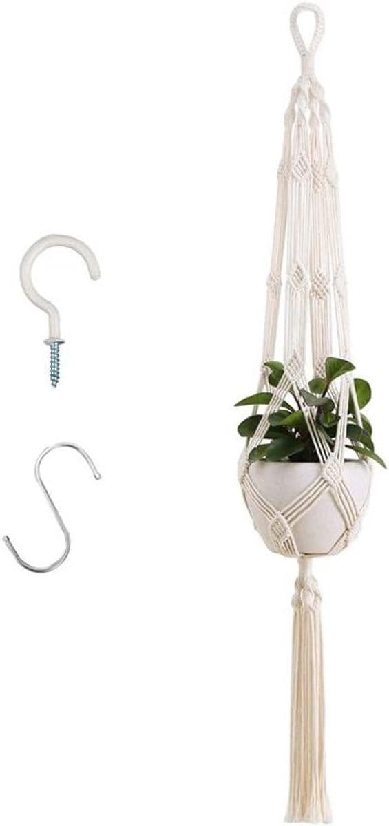 Beige macramé bloemenhanger - boho-decoratie van katoenen touw