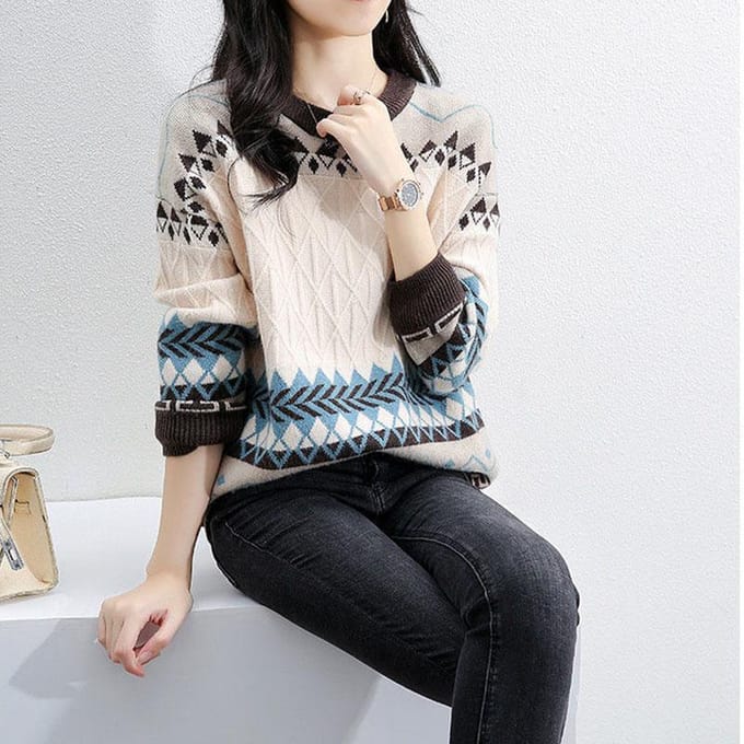 Pull en tricot pour femme, haut ample à col rond, tendance, pull en treillis, automne et hiver S marron