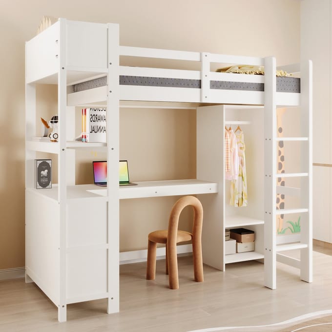 MODFU - Hoogslaper - Met Bureau En Opbergruimte - Minimalistisch - Grenenhout En MDF - Wit - 90 X 200 Cm