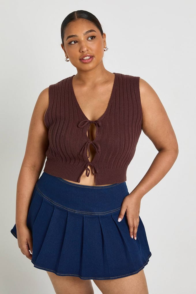 boohoo Dames Plus Gebreide Vest met Dasdetail | Chocolate | Maat: 16-18