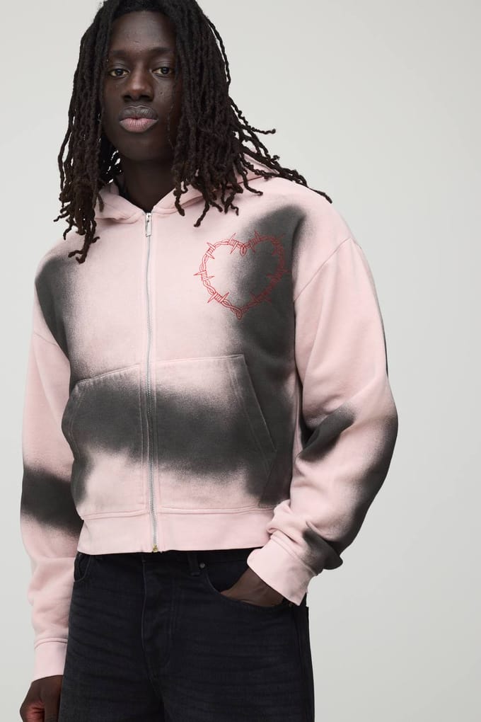 Gekrompen Fit Dirty Wash Gothic Hart Zip-through Hoodie | Pink | Size Medium