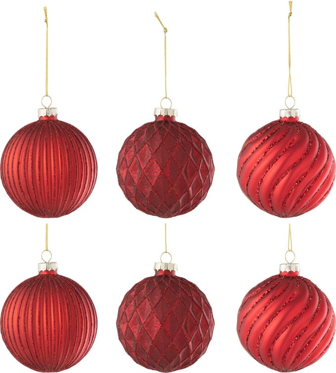 J-Line kerstbal Geribbeld & Geruit - glas - rood - small - doos van 6