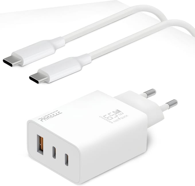 USB C Adapter 65W + USB C Naar USB C Kabel 1 Meter - 2 USB-C & 1 USB-A Snellader - Laptop Oplader Geschikt voor iPhone 15, 16 , Samsung S20, S21, S22, S23, S24, Macbook - Wit