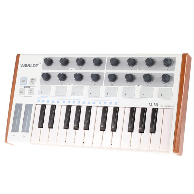 Worlde Mini contrôleur de batterie et clavier USB MIDI professionnel ultra-portable à 25 touches white