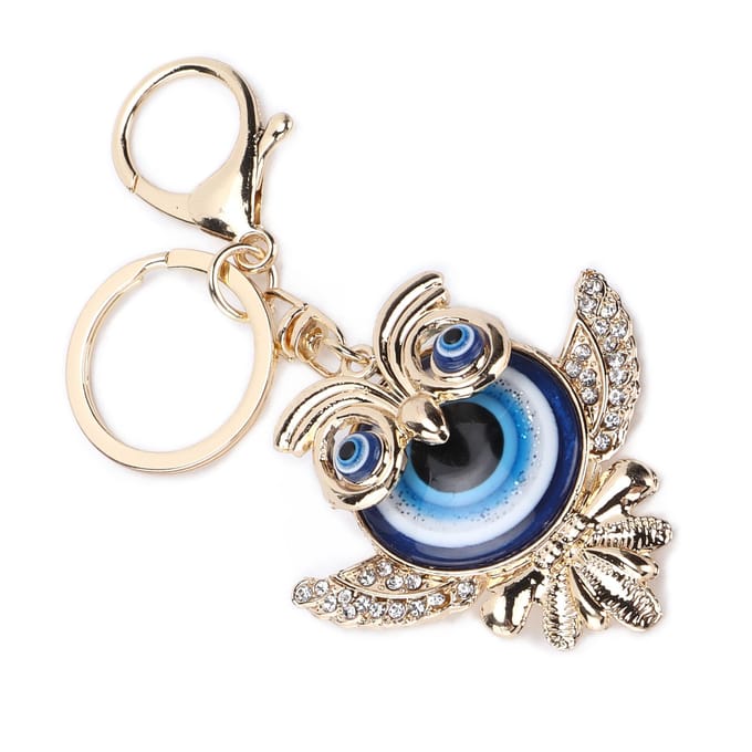 Strass Sleutelhanger Mode Sieraden Tas Portemonnee Accessoires met Uil Blauw Turks Boze Oog Hanger beige