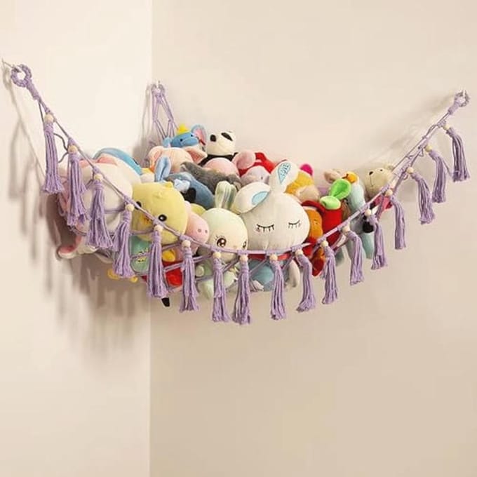 Opbergnet voor knuffels en speelgoed, macramé hangmat voor kinderkamer