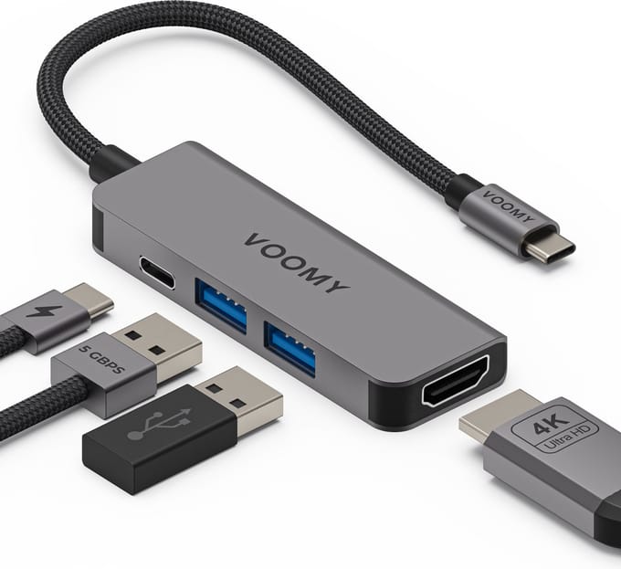 Voomy USB C Hub - 4 in 1 - 4K HDMI - USB C 100W - USB A 3.0 - Docking Station - USB Splitter - USB-C naar HDMI - Geschikt voor Macbook Pro / Air / Windows / Universeel