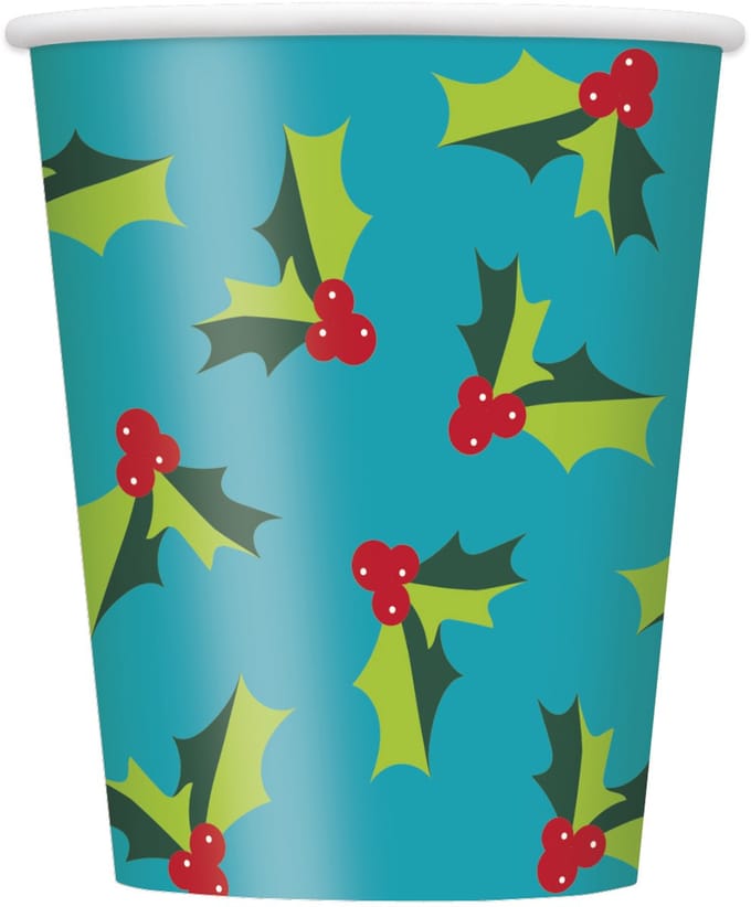 UNIQUE - 8 blauwe kersthulst kartonnen bekers 266 ml voor kerstavond