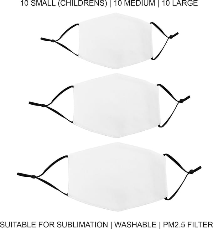 Sublimatie mondkapjes - wit - 10x s, 10x m, 10x l - set 30 stuks